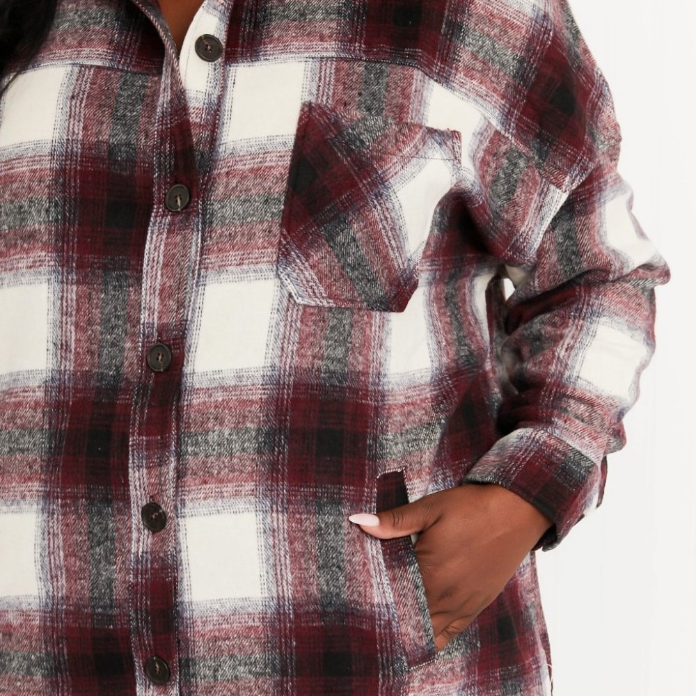 Zenana Autumn Evening Full Size Plaid Longline Shacket in Burgundy - Picture 4 of 9